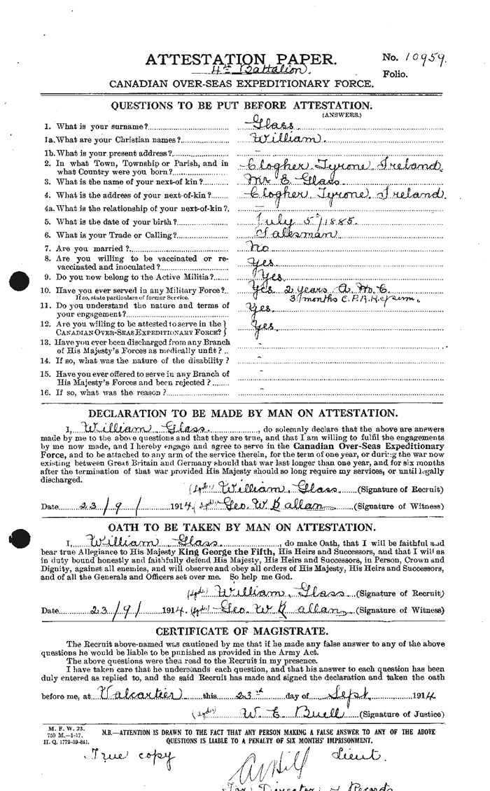 William Patrick Glass Attestation Paper - page 1