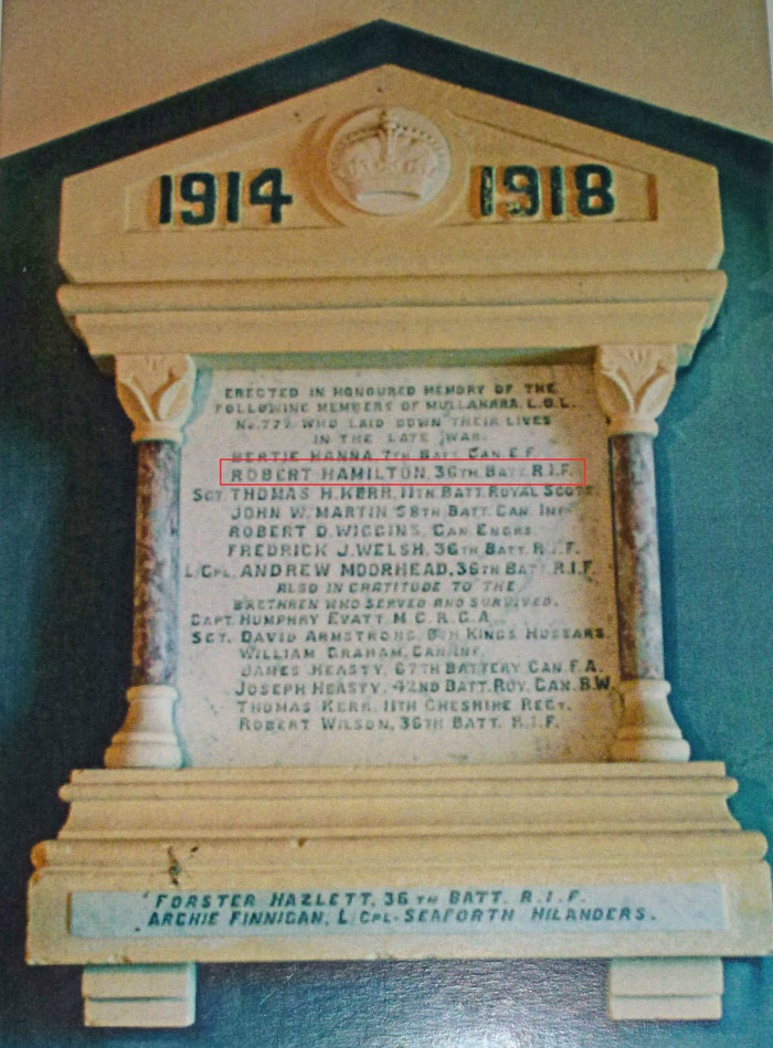WWI Plaque in Mullahara Orange Hall, County Monaghan