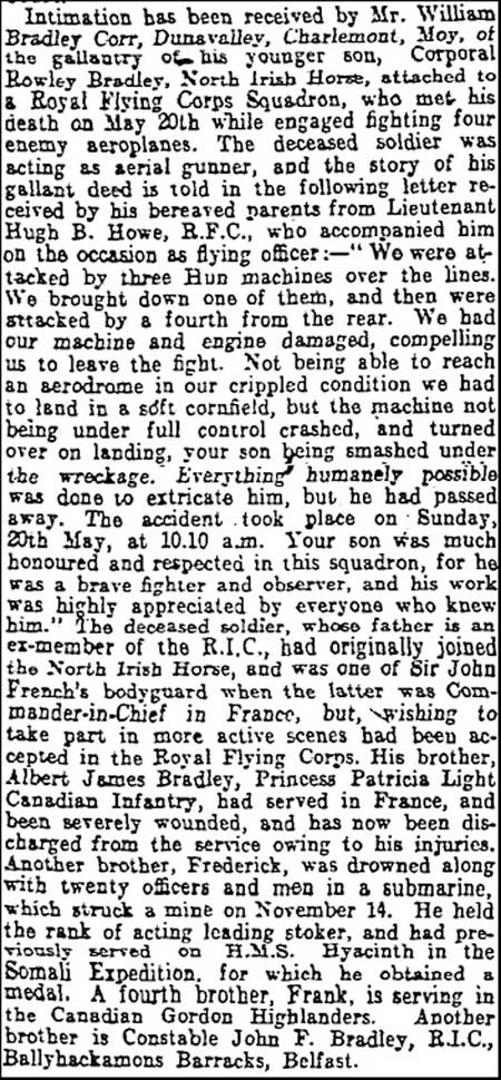 Newspaper clipping from The Irish Times, 9 June 1917