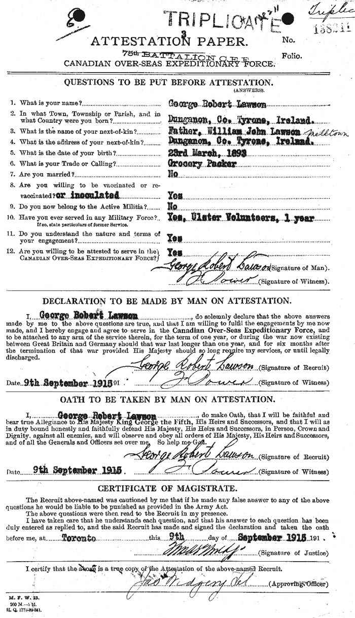 George Robert Lawson Attestation Paper - page 1