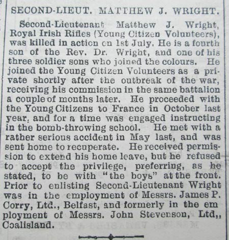 Newspaper report -  2nd Lieutenant Matthew John Wright