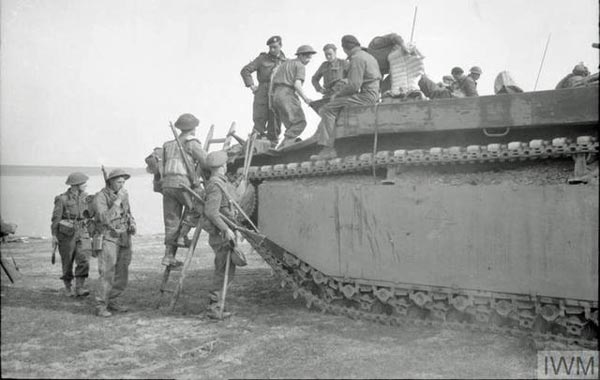 Royal Engineers climbing onto a Buffalo for the Rhine crossing 24 Mar '45
